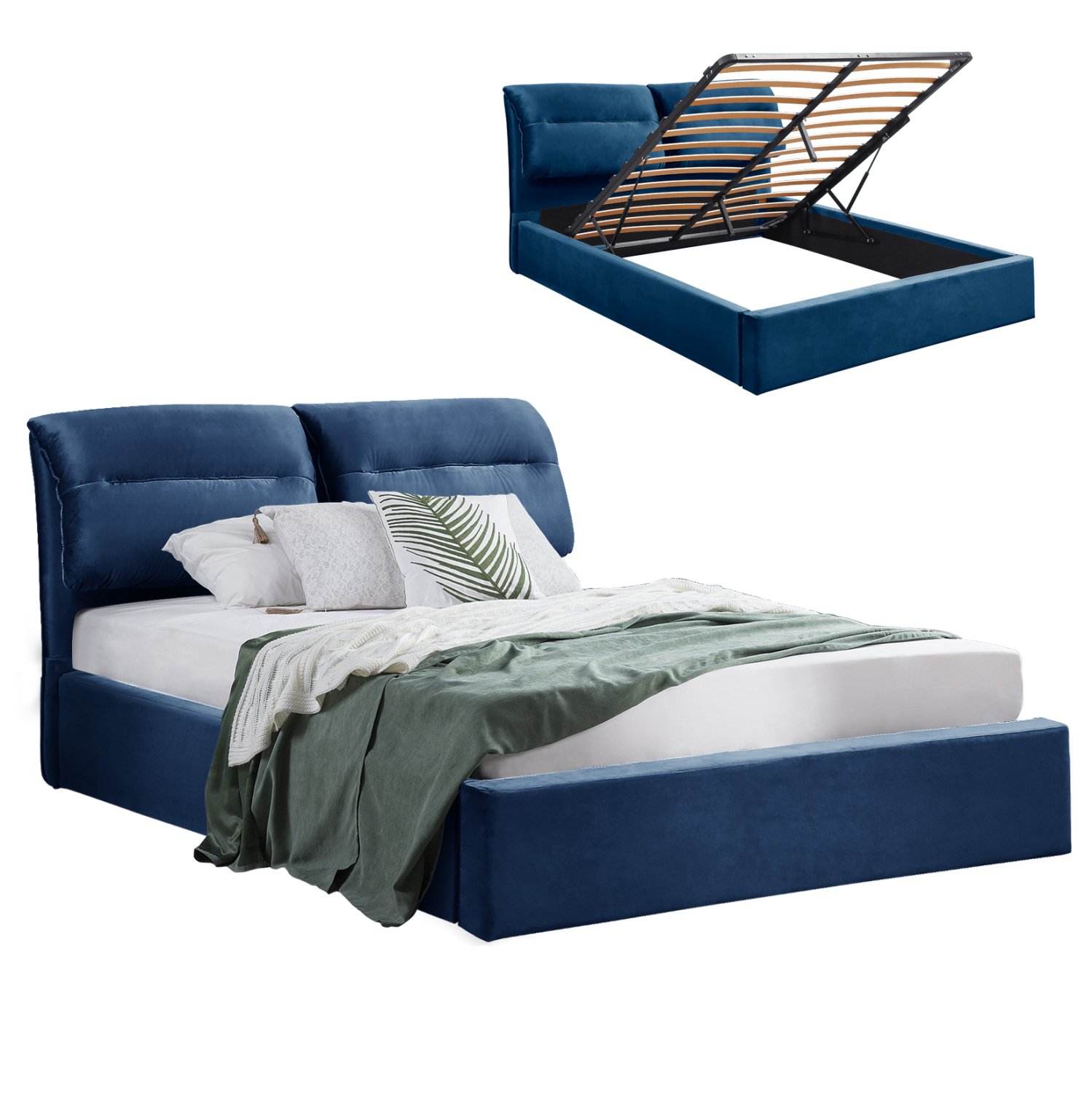 ΚΡΕΒΑΤΙ KENDRA ΒΕΛΟΥΔΟ ΜΠΛΕ ΚΑΙ ΑΠΟΘΗΚΕΥΤΙΚΟ ΧΩΡΟ 160x200 εκ. HM565.18